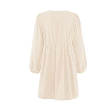 ZESICA Women's Dress Fall Long Puff Sleeve Self Tie Front Babydoll A Line Pleated Cute Mini Tunic Dresses 2025,Apricot,Small