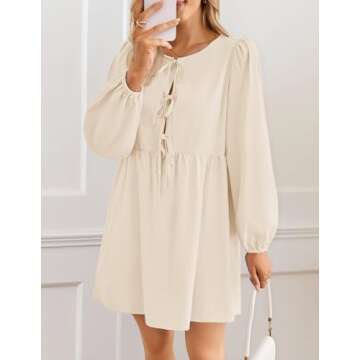 ZESICA Women's Dress Fall Long Puff Sleeve Self Tie Front Babydoll A Line Pleated Cute Mini Tunic Dresses 2025,Apricot,Small