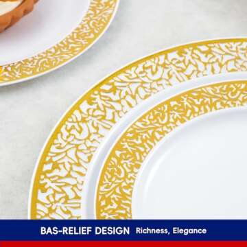 150 Count Gold Plastic Dinnerware Set, Elegant Disposable Include: 25 Gold Lace Plastic Plates, 25 D...