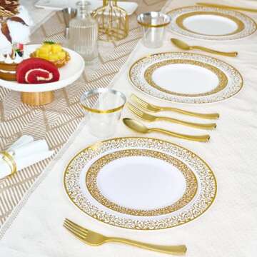 150 Count Gold Plastic Dinnerware Set, Elegant Disposable Include: 25 Gold Lace Plastic Plates, 25 Dessert Plates, 25 Forks, 25 Knives, 25 Spoons, 25 Cup, Ideal for Party, Birthday