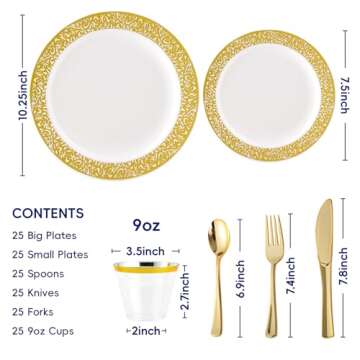 150 Count Gold Plastic Dinnerware Set, Elegant Disposable Include: 25 Gold Lace Plastic Plates, 25 Dessert Plates, 25 Forks, 25 Knives, 25 Spoons, 25 Cup, Ideal for Party, Birthday