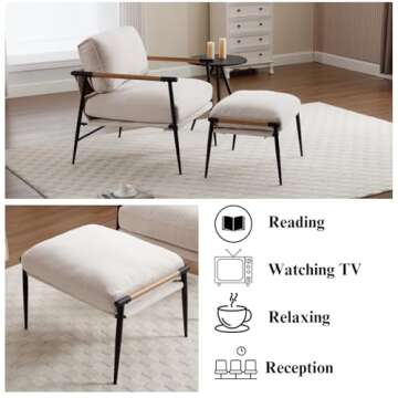 Ya-Home Mid-Century Accent Chair with Ottoman, Soft Armchair Chenille Fabric Lounge Chair with Metal Legs, Upholstered Leisure Chair for Living Room Reception Room, Beige