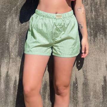 Women Y2k Pajamas Shorts Micro Button Boxers Elastic Waist Cute Pj Bottoms Summer Plaid Lounge Short (A Light Green, M)