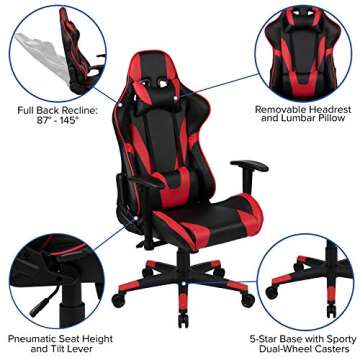 Flash Furniture X20 Fully Reclining LeatherSoft Racing Style Gaming Chair with and Lumbar Pillows, Ergonomic Padded Swivel Computer Chair, Red/Black