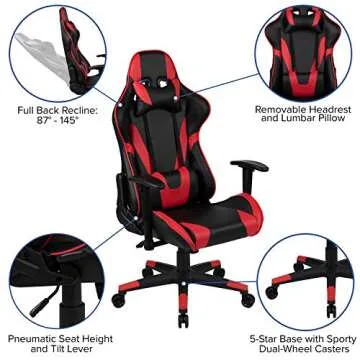 Flash Furniture X20 Fully Reclining LeatherSoft Racing Style Gaming Chair with and Lumbar Pillows, Ergonomic Padded Swivel Computer Chair, Red/Black