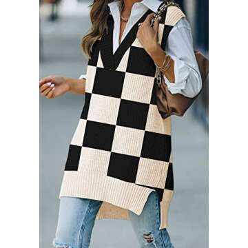 Viottiset Women's Oversized Sweater Vest V Neck Tunic Sleeveless Pullover Knit Top Checkered Black M