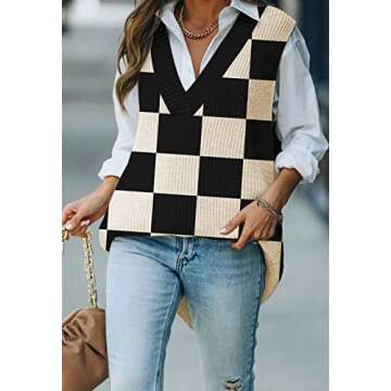 Viottiset Women's Oversized Sweater Vest V Neck Tunic Sleeveless Pullover Knit Top Checkered Black M