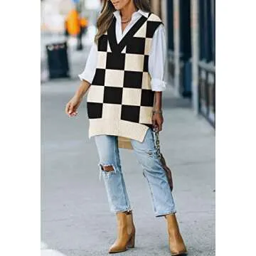 Viottiset Women's Oversized Sweater Vest V Neck Tunic Sleeveless Pullover Knit Top Checkered Black M