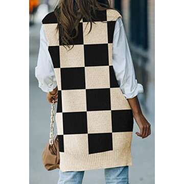 Viottiset Women's Oversized Sweater Vest V Neck Tunic Sleeveless Pullover Knit Top Checkered Black M