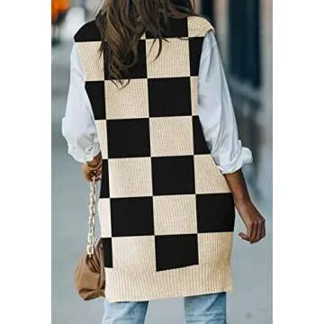 Viottiset Women's Oversized Sweater Vest V Neck Tunic Sleeveless Pullover Knit Top Checkered Black M
