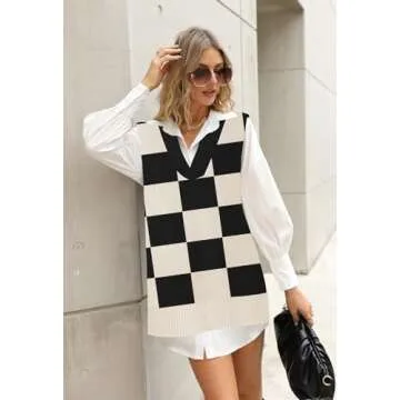 Viottiset Women's Oversized Sweater Vest V Neck Tunic Sleeveless Pullover Knit Top Checkered Black M