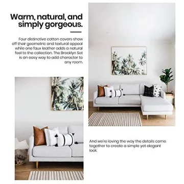 Two Queens Lane Boho Decorative Throw Pillow Covers ONLY for Couch, Sofa, or Bed, Boho, Geometric, Modern Decor Design, 100% Cotton and Vegan Faux Leather Set of 5, 18 x 18 inch, Brooklyn 5-Piece Set