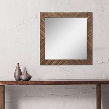 Stonebriar Square Textured Wooden Chevron Hanging Wall Mirror with Attached Mounting Brackets, Rustic Decor Accents for the Bathroom, Living Room, Bedroom, Office, and Hallway