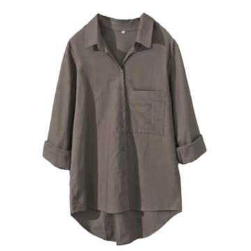 Minibee Women's Casual Cotton Linen Blouse Plus Size High Low Shirt Long Sleeve Tops Gray