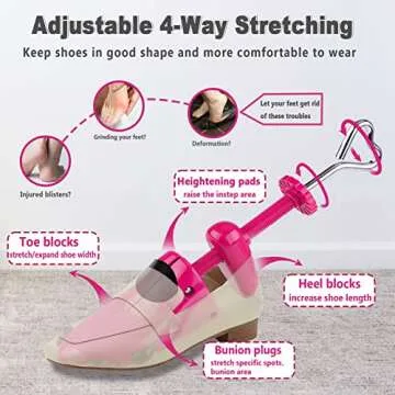 Fabulas Shoe Stretcher Women, 4-Way Adjustable Shoe Expander Widener Plastic Shoe Tree Shaper for Wide Feet, Shoe Extender Stretch Width Length Height, Women’s Size 5.5-10, Neon Pink
