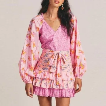 Women Vintage Floral Print Long Sleeve Mini Dress