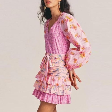 Women Vintage Floral Print Long Sleeve Mini Dress