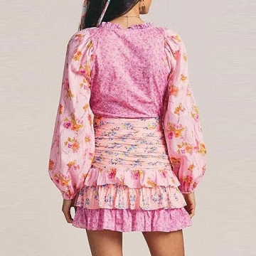 Women Vintage Floral Print Long Sleeve Mini Dress