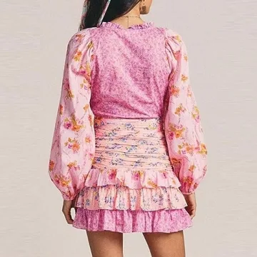 Women Vintage Floral Print Long Sleeve Mini Dress