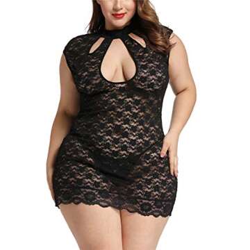 Plus Size Lingerie for Women Bust Keyhole Lace Babydoll Chemise Mesh Sleepwear (R012,Black,4XL)