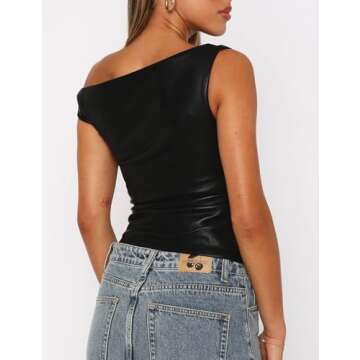 Limerose Womens Off Shoulder Top Sleeveless Shirts Faux Leather Slim Fitted Tank Top Black