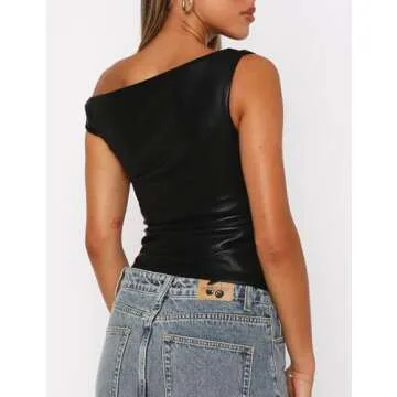 Limerose Womens Off Shoulder Top Sleeveless Shirts Faux Leather Slim Fitted Tank Top Black