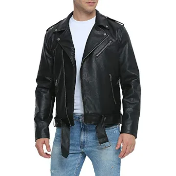 Fahsyee Leather Jackets for Men, Faux Bomber Jacket Mens Motorcycle Lapel Asymmetric Zip-Up Belt Sli...