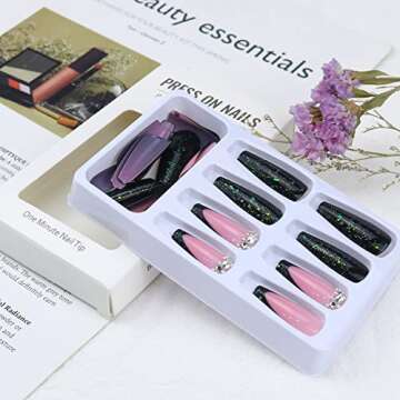 Emerald Press on Nails Long Coffin Square Shape Fake Nails French Tips Green Glue on Nails Full Cover False Nails with Glitter Rhinestones Design Acrylic Nails Glossy Stick on Nails for Women Girls 24Pcs