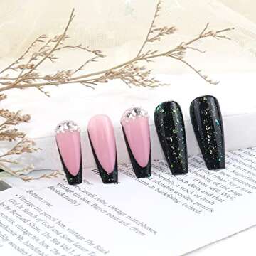 Emerald Press on Nails Long Coffin Square Shape Fake Nails French Tips Green Glue on Nails Full Cover False Nails with Glitter Rhinestones Design Acrylic Nails Glossy Stick on Nails for Women Girls 24Pcs