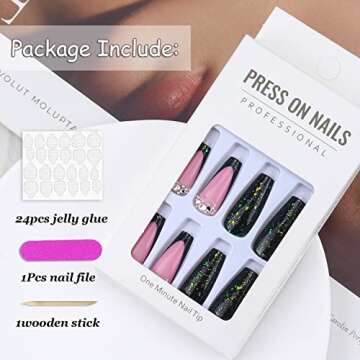 Emerald Press on Nails Long Coffin Square Shape Fake Nails French Tips Green Glue on Nails Full Cover False Nails with Glitter Rhinestones Design Acrylic Nails Glossy Stick on Nails for Women Girls 24Pcs