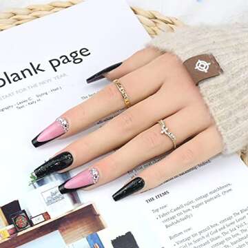 Emerald Press on Nails Long Coffin Square Shape Fake Nails French Tips Green Glue on Nails Full Cover False Nails with Glitter Rhinestones Design Acrylic Nails Glossy Stick on Nails for Women Girls 24Pcs