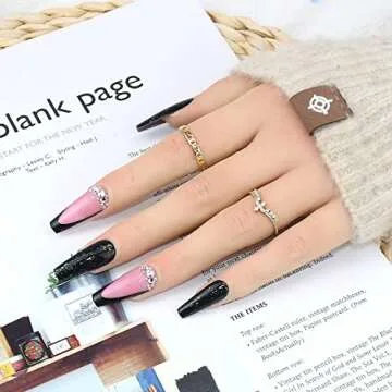 Emerald Press on Nails Long Coffin Square Shape Fake Nails French Tips Green Glue on Nails Full Cover False Nails with Glitter Rhinestones Design Acrylic Nails Glossy Stick on Nails for Women Girls 24Pcs