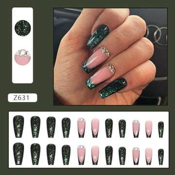 Emerald Press on Nails Long Coffin Square Shape Fake Nails French Tips Green Glue on Nails Full Cover False Nails with Glitter Rhinestones Design Acrylic Nails Glossy Stick on Nails for Women Girls 24Pcs
