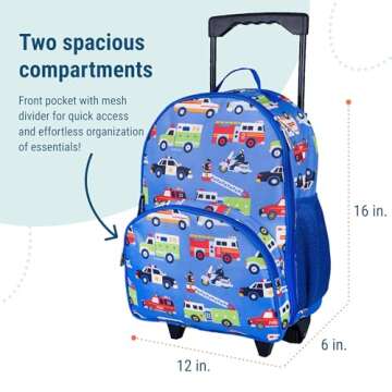 Wildkin Kids Rolling Luggage for Boys and Girls, Carry on Luggage Size is Perfect for School and Overnight Travel, Measures 16 x 12 x 6 Inches (Heroes)