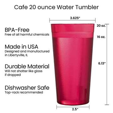 US Acrylic Cafe Plastic Reusable Tumblers (Set of 16) 20-ounce Water Cups Assorted Colors | Restaurant Style Drinking Glasses Value Set, Stackable, BPA-free, Made in the USA | Top-rack Dishwasher Safe