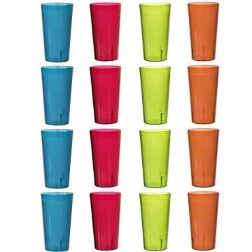 US Acrylic Cafe Plastic Reusable Tumblers (Set of 16) 20-ounce Water Cups Assorted Colors | Restaurant Style Drinking Glasses Value Set, Stackable, BPA-free, Made in the USA | Top-rack Dishwasher Safe