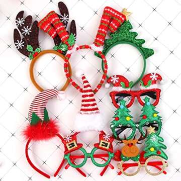 Aneco 9 Pack Christmas Headbands Christmas Glasses Frames Xmas Party Hat Headwear Christmas Costume Accessory for Christmas Party Supplies