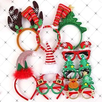 Aneco 9 Pack Christmas Headbands Christmas Glasses Frames Xmas Party Hat Headwear Christmas Costume Accessory for Christmas Party Supplies