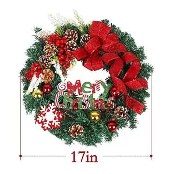 Merry Christmas Wreath for Front Door, Heflashor 17.5'' Xmas Wreath with Red Berries Wreath Wintry Pinecone Artificial Xmas Bell Snowflake Winter Wreaths Front Door Small Wreaths for Indoor Outdoor