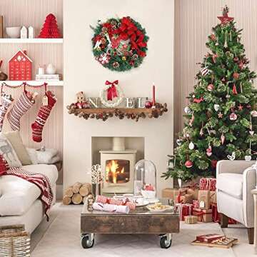 Merry Christmas Wreath for Front Door, Heflashor 17.5'' Xmas Wreath with Red Berries Wreath Wintry Pinecone Artificial Xmas Bell Snowflake Winter Wreaths Front Door Small Wreaths for Indoor Outdoor
