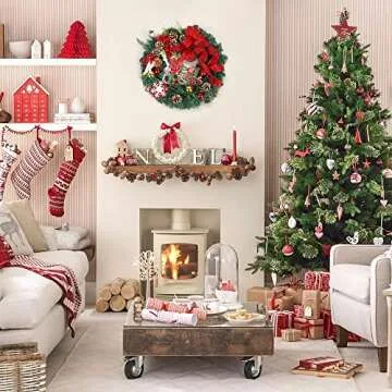 Merry Christmas Wreath for Front Door, Heflashor 17.5'' Xmas Wreath with Red Berries Wreath Wintry Pinecone Artificial Xmas Bell Snowflake Winter Wreaths Front Door Small Wreaths for Indoor Outdoor