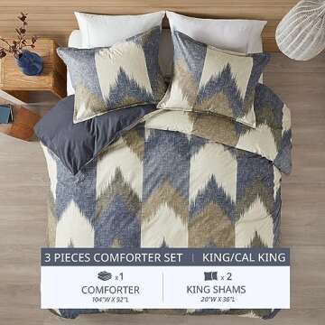 INK+IVY King Size Comforter Set, Cozy Cotton Comforter, All Season, Lightweight Comforter King Bed Set with 2 Matching Shams, Modern Cabin Lodge Ikat Chevron Design, Navy King/Cal King 3 Piece