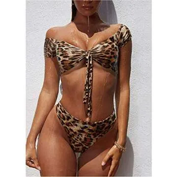Leopard Print Off-Shoulder Bikini Set for Women
