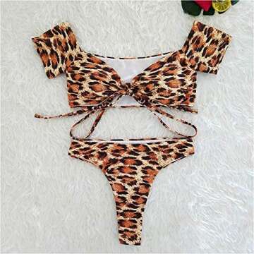 PRETTYGARDEN Women's Two Pieces Leopard Print Knot Front Crop Off-Shoulder High Cut Bandeau Bikini Sets Bathing Suit (Yellow,Medium)