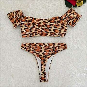 PRETTYGARDEN Women's Two Pieces Leopard Print Knot Front Crop Off-Shoulder High Cut Bandeau Bikini Sets Bathing Suit (Yellow,Medium)