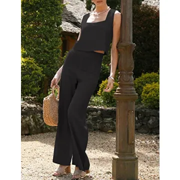 ROYLAMP Women's Summer 2 Piece Outfits Sleeveless Square Neck Tops Wide Leg Pants set Jumpsuit with Pockets