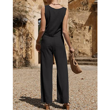 ROYLAMP Women's Summer 2 Piece Outfits Sleeveless Square Neck Tops Wide Leg Pants set Jumpsuit with Pockets