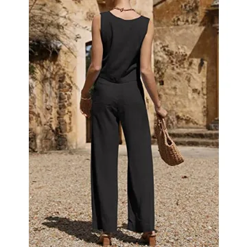 ROYLAMP Women's Summer 2 Piece Outfits Sleeveless Square Neck Tops Wide Leg Pants set Jumpsuit with Pockets