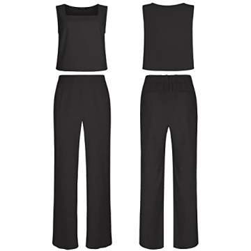 ROYLAMP Women's Summer 2 Piece Outfits Sleeveless Square Neck Tops Wide Leg Pants set Jumpsuit with Pockets