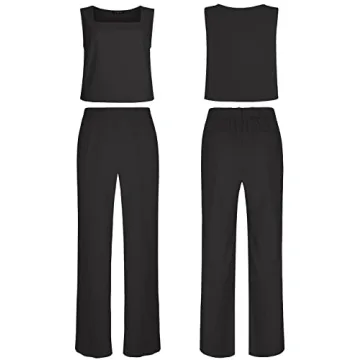ROYLAMP Women's Summer 2 Piece Outfits Sleeveless Square Neck Tops Wide Leg Pants set Jumpsuit with Pockets